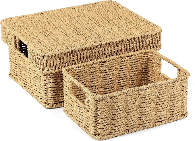 Wicker Storage Basket with Lid for Shelves, Set of 2, Natural | One rectangular wicker basket with lid and one open basket for decorative shelf storage; removable lid flips into a tray. by GANLUX