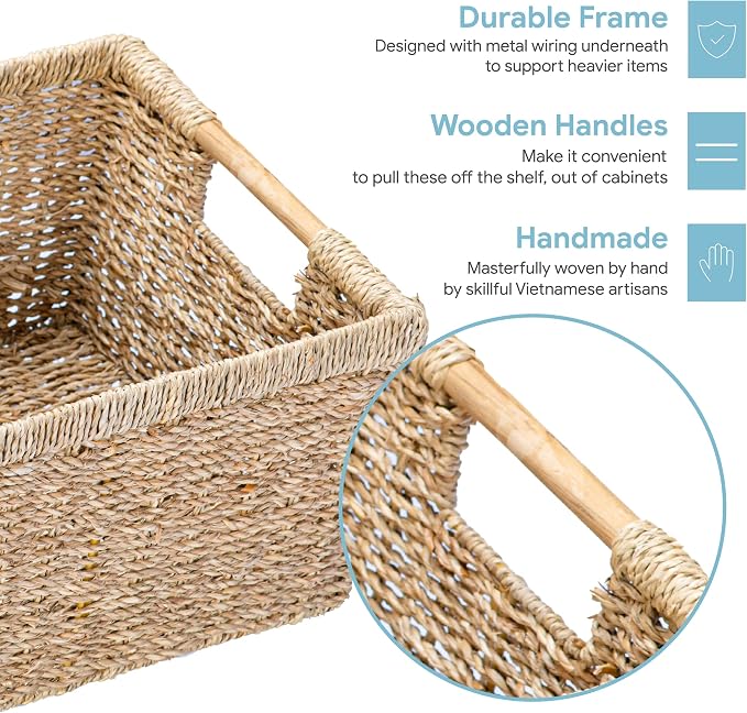 Large Wicker Storage Basket with Wooden Handles, Seagrass Basket for Shelves, Natural Wicker Bin With Handle for Storage 14.5 x 10.3 x 7.5 inches - Image 2