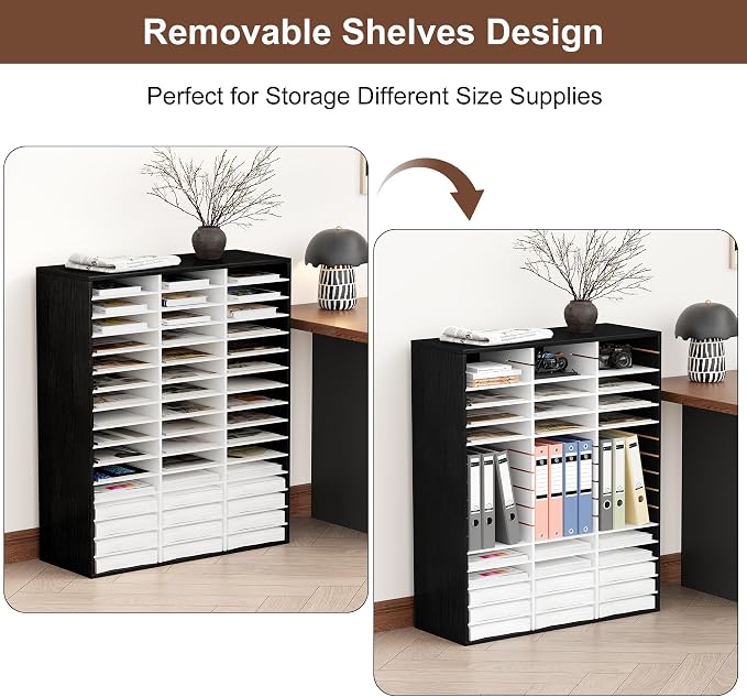 EasyPAG Wooden Literature Organizer with Adjustable Shelves, 48 Compartments Office Paper Organizer Storage 24000 Sheets Letter Size Paper, Student Mailbox for Classroom, Black/White - Image 6