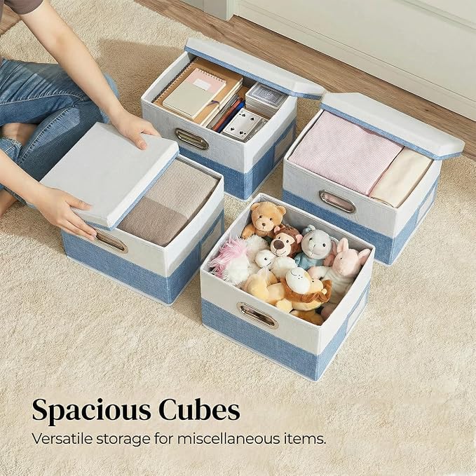 Storage Bins with Lids [3-Pack] Linen Fabric Foldable Storage Boxes Organizer Containers Baskets Cube with Cover for Bedroom Closet Office Blue&White（11.4X8.6X6.7 - Image 2