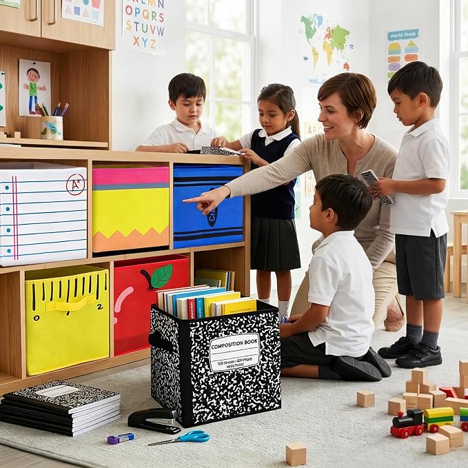 6 Pcs 11in Fabric Storage Bins, Collapsible Cubby Baskets with Handles | Collapsible & flat‑fold, Side handles for easy tote, Colorful school prints, Classrooms, homes, daycares all work - Image 7