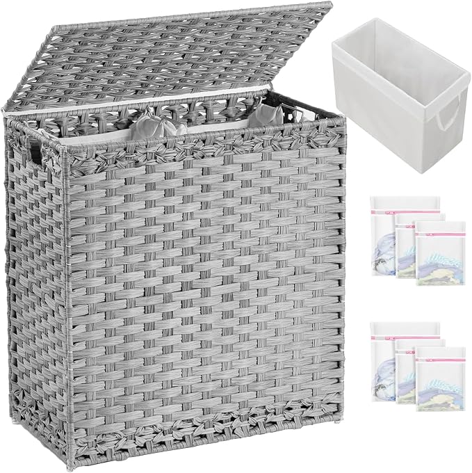 SETVSON Laundry Hamper with Lid Wicker Laundry Basket, 112L, Gray | Decorative Furniture Look for Bedroom & Bathroom, 2-Section Sorting Hamper with Lid, 2 Liners, 6 Bags, Side Handles by SETVSON