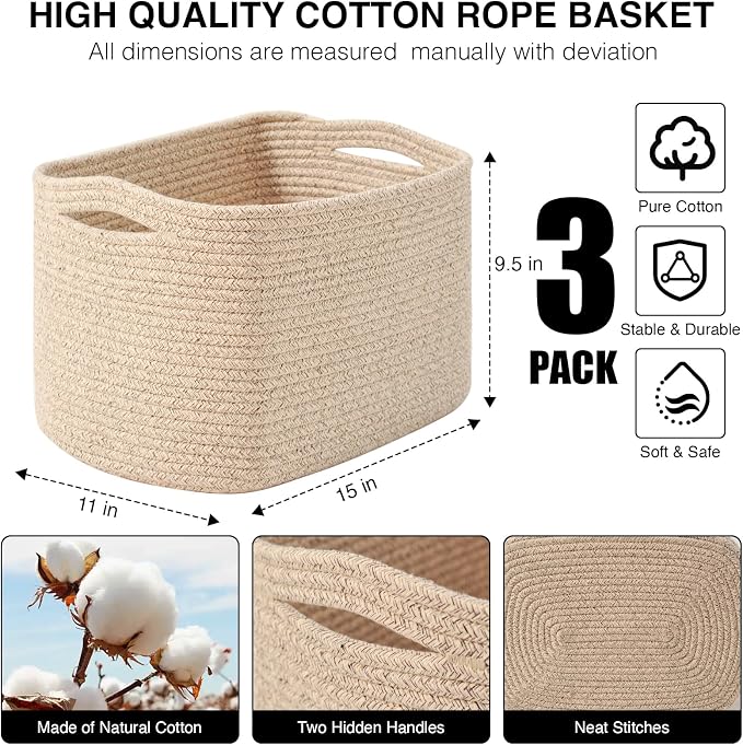 ICERZCZ Decorative Storage Baskets for Organizing Shelves, Toy Basket for Nursery, Woven Cotton Rope Baskets for Decor, Towel Basket for Bathroom, 15"x11"x9.5", 3 Packs, Brown - Image 3
