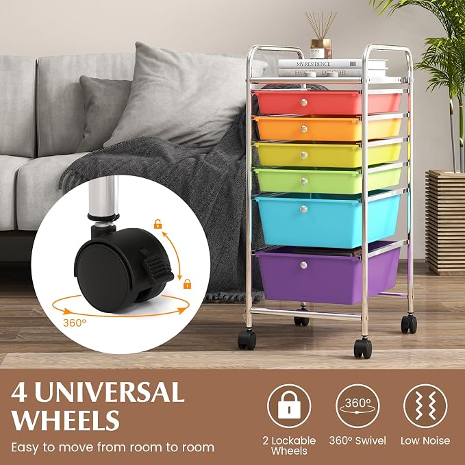 GOFLAME 6-Drawer Rolling Storage Cart, Multifunctional Art Craft Organizer Cart, Mobile Utility Storage Cart with Removable Drawers & Lockable Wheels, Craft Cart for Home Office, School, Multicolored - Image 5