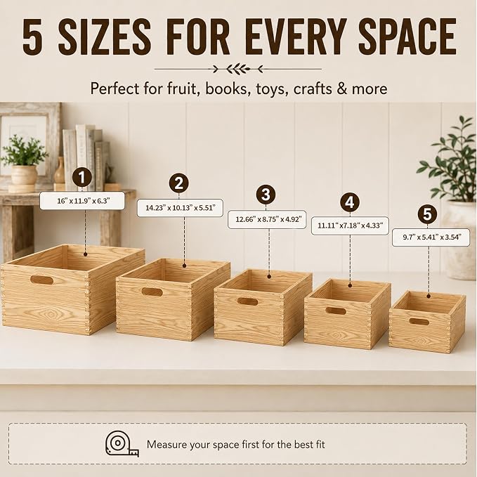 5 Pack Wooden Crates for Display Nesting Wood Crate for Storage with Handle | Rustic Handmade Farmhouse Wooden Basket for Storage and Containe, 5 Size Multipurpose Wood Basket for Fruits Vegetables Boxes - Image 2