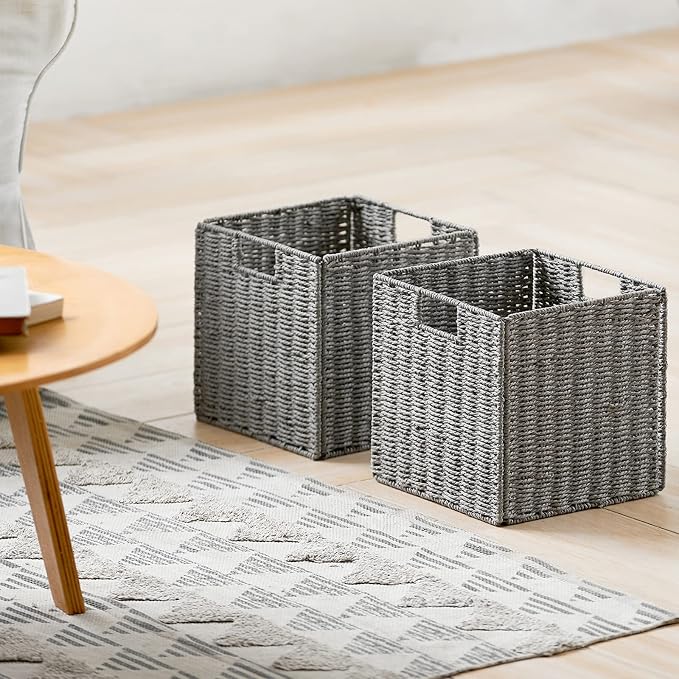 Wicker Storage Basket, Set of 2 Hand-Woven Storage Baskets for Shelves with Handles, Foldable Cube Storage Baskets Bins Organizer 13 inch Large Wicker Baskets for Pantry Bedroom Decor, Grey - Image 5