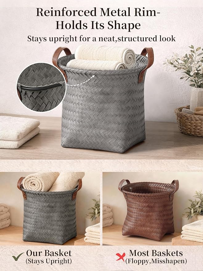 Wicker Storage Baskets, 4 Pack Woven Baskets for Shelves, Grey | PP Rattan, Water-resistant Wicker Basket, Large Baskets with Faux Leather Handles for Blanket, Laundry Organizer, Room Decor - Image 4