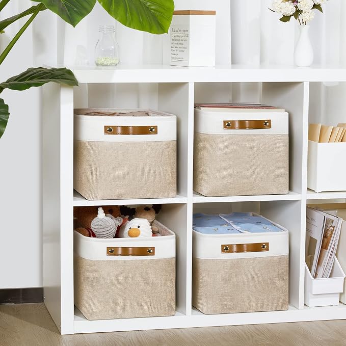 DULLEMELO Fabric Storage Bins for Laundry, Home, Foldable Storage Baskets for Shelves, Toys, Collapsible Storage Bins for Office, Closet,Bedroom(White&Khaki,L-15"x11"x9.5",4-Pack) - Image 4