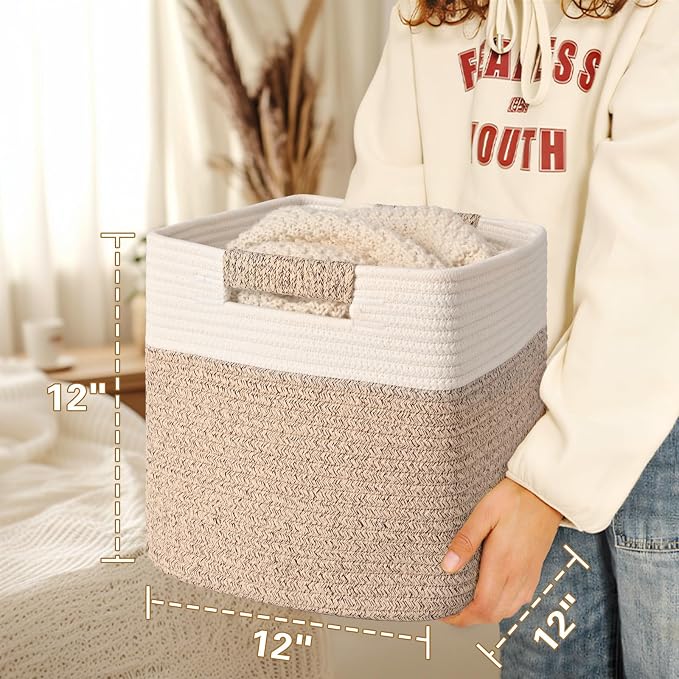 12 Inch Storage Cubes, 3 Pack Cube Storage Bins for Organizing, Cotton Rope Woven Baskets for Shelves, Bathroom, Kids Room, Closets, Baby Nursery - Image 4