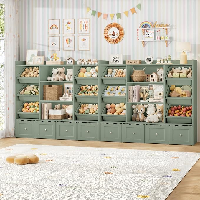 HITHOS 55" W Kids Toy Storage Organizer with 10 Toy Box & Book Shelf, Green | Large Toy Organizers and Storage with Kids Bookshelf & 6 Plastic Toy Chests & 4 Movable Drawers for Kids Room, Playroom - Image 3