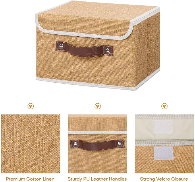 ANMINY Fabric Storage Box Bins with Lids, Khaki, 10"x8"x7", 2 Pack | Keepsake Memory Storage, Cotton Linen, PP Board Reinforced, Washable, PU Handles, Foldable & Stackable, Decorative, Small - Image 3