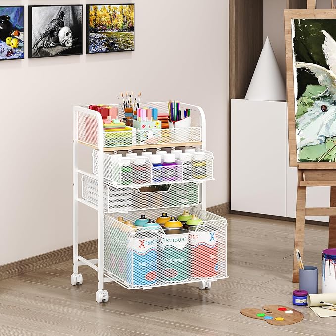 4-Tier Rolling Utility Cart with 3 Drawers-White Craft Organizers and Storage with DIY Dividers, Under Desk Cart with Lockable Wheels, Craft Cart Art Cart for Brushes Artifacts Patent Pending - Image 6