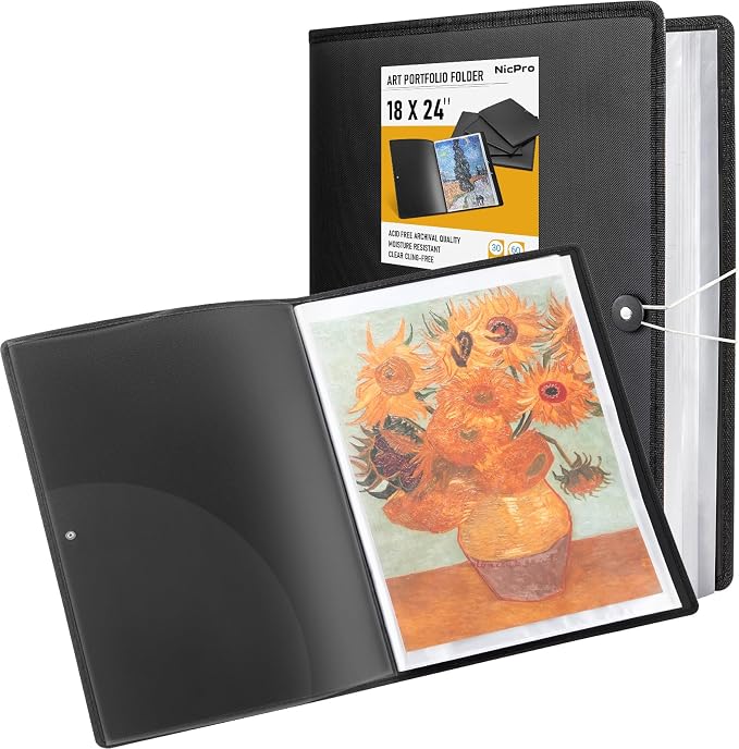 Nicpro 18"x24" Art Portfolio, 30 Pockets Display 60 Pages Art Portfolio Folder with Clear Plastic Sleeves, Artwork Storage Presentation Book for Artists, Painting Carrier Case by Nicpro