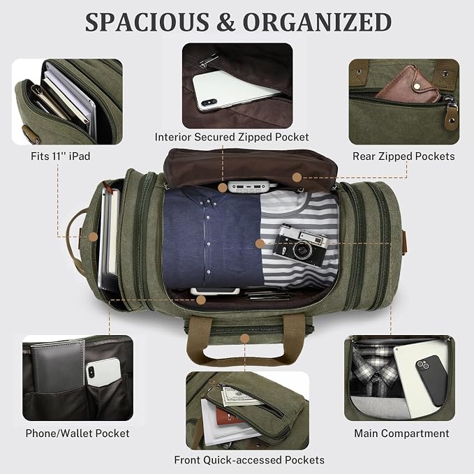 Gonex Canvas Duffle Bag, Expandable 60L Travel Overnight Weekender Bag | for Men, with Shoe Compartment, Multiple Pockets, Tear-Resistant, Durable Zippers, Detachable Strap, Army Green - Image 5