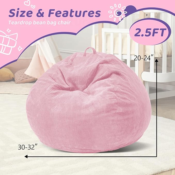 2.5FT Bean Bag Chair,Teardrop Bean Bags with Memory Foam Filled | Beanbag Chairs with Handle,Teardrop Bean Bag Sofa with Corduroy Machine Washable Cover for Living Room,Bedroom-Light Pink - Image 2