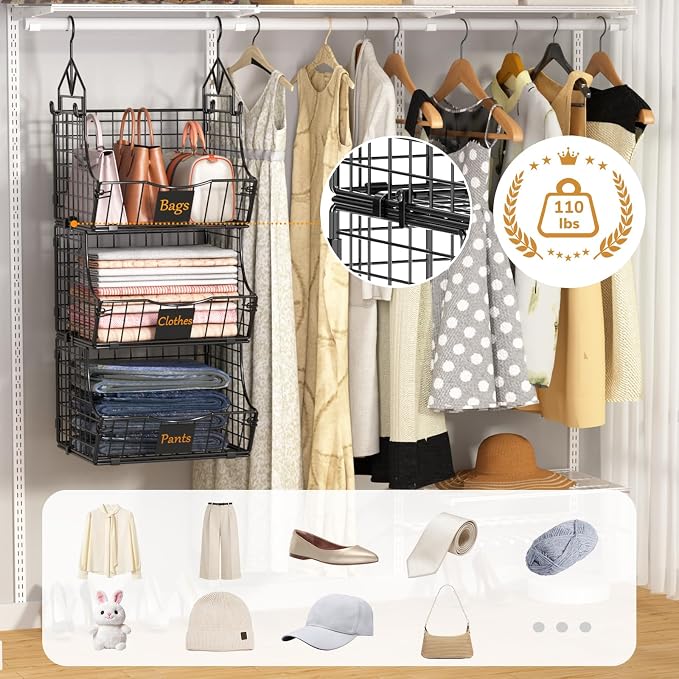 Hanging Closet Organizers and Storage, 6 Tier Closet Shelf Clothes Organizer with 2 S-Hooks, Multi-Functional Iron Wire Baskets, for Clothing, Sweaters, Handbags, Hat, Canned - Image 3