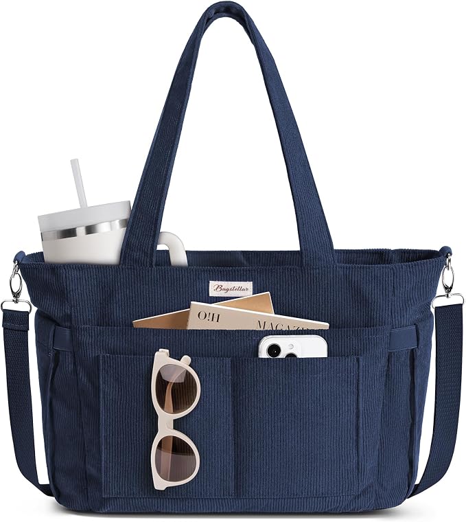 Bagstellar Corduroy Tote Bag for Women, 17 Pockets Laptop Work Tote Purse | Large 15.6” Computer Bag w/ 40oz Cup Holder & Strap, Zipper Teacher Nurse Bible Shoulder Bag for School Travel College Office by Bagstellar