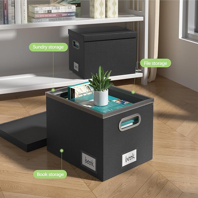 File Organizer Box File Boxes for Hanging Files with Lid Set of 3 Decorative Hanging Folders Letter Size Organizer with One-Piece Plastic Frame Slides (13.2 * 10.1 * 10.1in(3Pack), Black) - Image 3