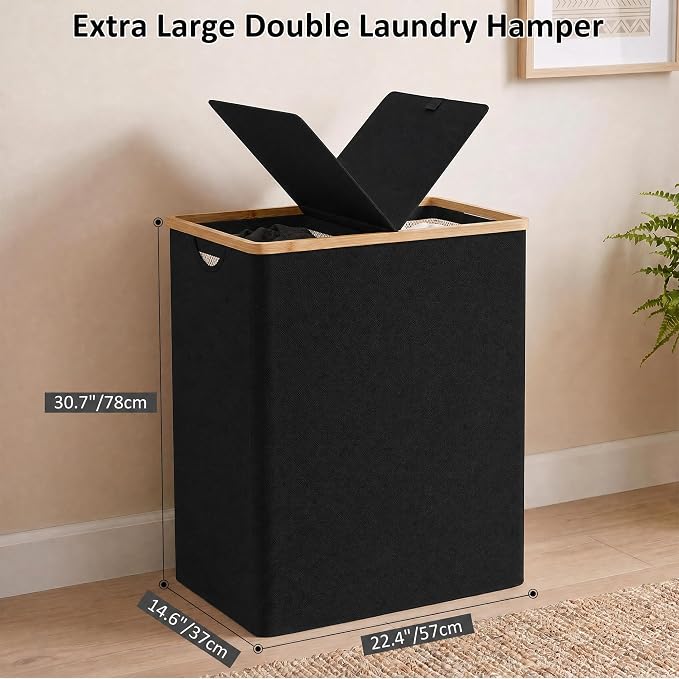 efluky Laundry Hamper with Lid, Double Laundry Basket with 2 Removable Bags, 2 Section Laundry Bin with Bamboo Handles for Bathroom, Bedroom & Laundry Room, 170L (44.9 Gallon) Black - Image 5