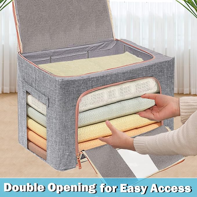 Linen Clothes Storage Bags, Sturdy Closet Organizers and Storage Bin with Hold Shape Metal Frame, 2 Opening Ways Fabric Visible Lidded Storage Box for Organizing Clothing,Bedding (2 Pack, 24L) - Image 5