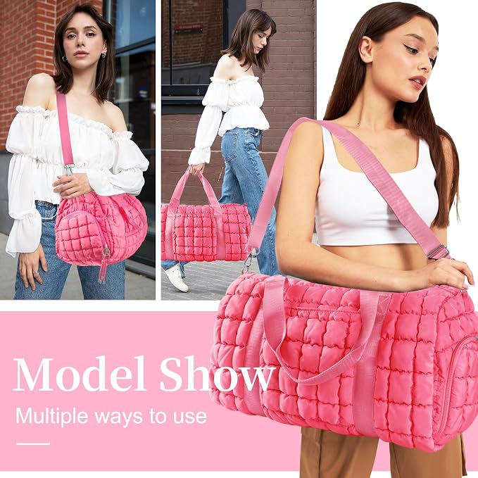 Quilted Travel Duffle Bag Gym Bag for Women,Large Puffer Duffle Weekender Bag with Compartment,Workout Overnight Carry on Organizer Bag Duffle Bag for Airplane Travel(Pink) - Image 4