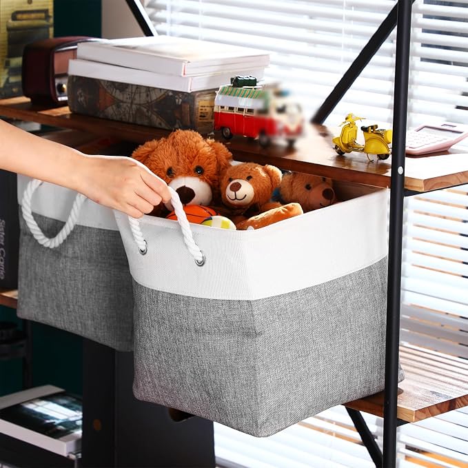 FoldTier 10 Pack Large Collapsible Fabric Storage Baskets with Handles Decorative Storage Bins for Organizing Shelves Toys Clothes(White & Gray,12 x 12 x 12 Inches) - Image 4