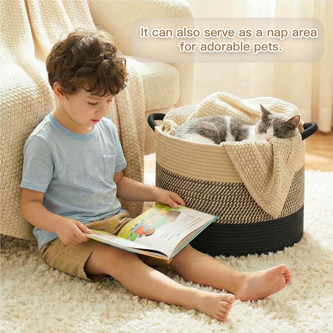 Artfeel 70L Large Cotton Rope Basket, Decorative Woven Blanket Storage for Living Room, Boho Toy Storage & Toy Box for Kids, Versatile Laundry Basket & Nursery Hamper for Blankets(BlackBrown) - Image 4