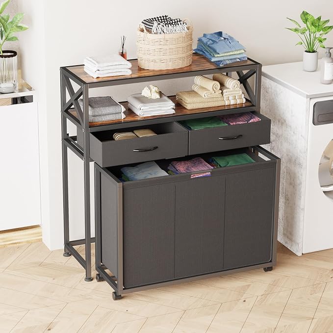 150L Laundry Sorter Hamper 3 Section with 2 Shelves & 2 Drawers | 3 Compartment Clothes Storage Organizer Cart, Pull-Out Removable Oxford Fabric Bags - Image 3