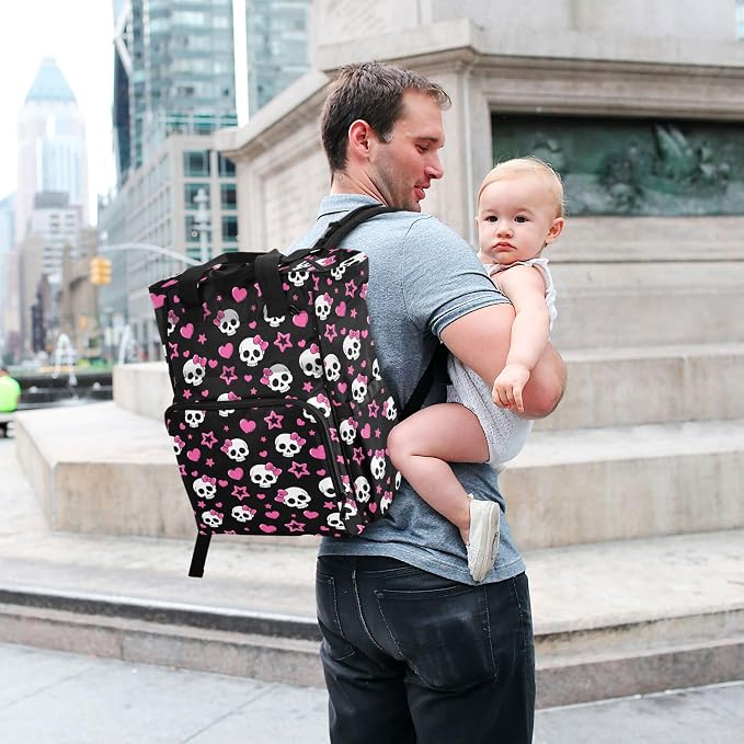 Mnsruu Diaper Bag Gothic Pink Hearts and Skulls Large Changing Backpack Multifunction Travel Tote Mommy Bag Baby Diaper Backpack for Mom Dad - Image 6