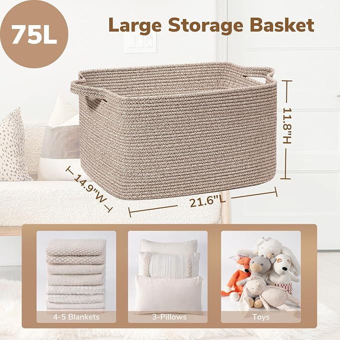 Goodpick Large Woven Rope Blanket Basket, Rectangle, Brown, 75L | 21.6'' x 14.9'' x 11.8'' Storage Basket for Blankets, Toys & Clothes, Living Room & Nursery Organization, Reinforced Handles - Image 3