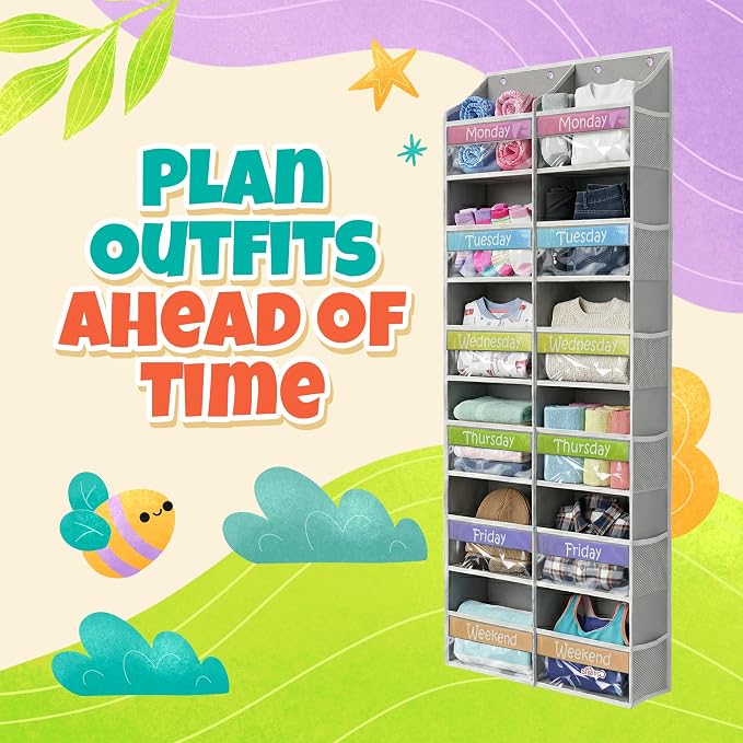 Weekly Clothes Organizer for Kids Closet Daily Outfit Storage 12 Shelf | Houseables Days of the Week Clothes Organizer, Monday through Friday Clothing, Weekday, M-F, School, Hanging, Over Door - Image 4