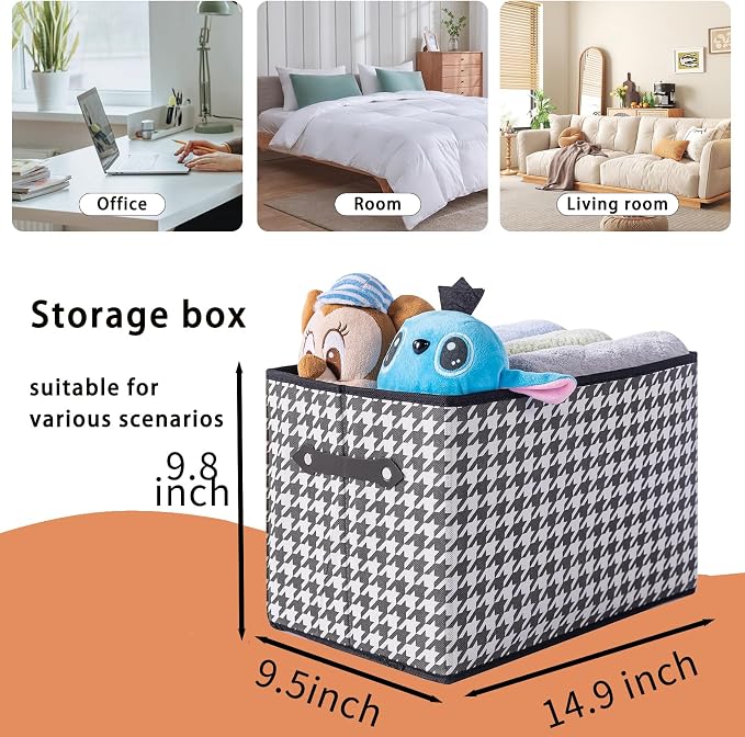 1 Pack Large Collapsible Storage Baskets for Shelves,14.9"x9.5" Fabric Closet storage Boxes with Leather Handles,Decorative Organizers Storage Bins for Clothes,Sheets,Toys,Books,(Houndstooth - Image 2