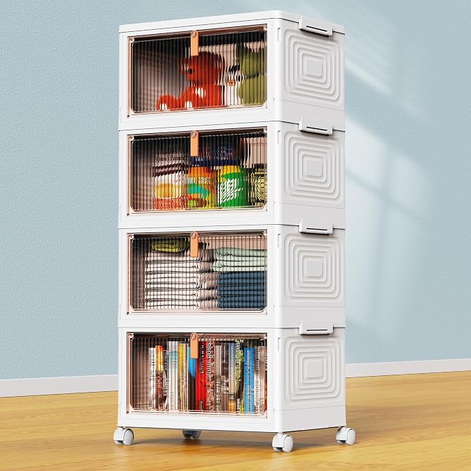 YFXCVSL 4 Tier Plastic Storage Bins with Lid 23QT, Stackable Storage Containers with Wheels, Folding Storage Boxes, Collapsible Storage Bins, Closet Organizers and Storage for Living Room,Office,Dorm by YFXCVSL
