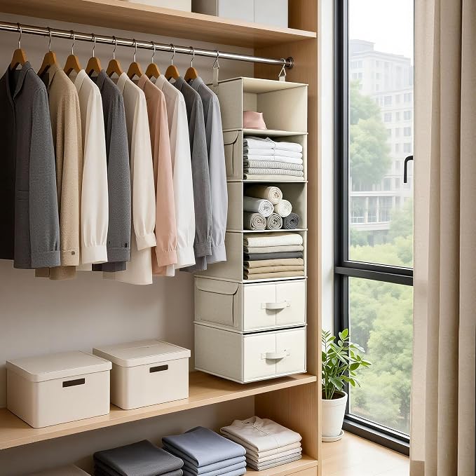 6-Shelf Hanging Closet Organizer with 3 Fabric Drawers, Beige | Removable Fabric Drawers, Side Pockets, Reinforced Structure, Space-Saving Storage for Clothes, Nursery and Dorm Rooms - Image 8