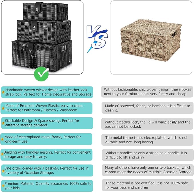 Set of 3 Woven Wicker Storage Basket Box with Lids & Lock, Built-in Carry Handles, Multifunctional Storage Organizer for Nursery, Baby, Clothes, Toys, Books, Large/Medium/Small Size (Black) - Image 6