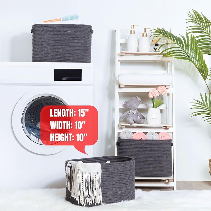 3-Pack Decorative Woven Storage Baskets for Shelves, Cube Bin Box for Organizing Books, Shoes, Dog Toys, Pantry Closet and Living Room Organizer, Charcoal / Black - Image 6