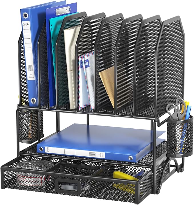 FANXIYQ Metal Desk Organizer with Sliding Drawer, 7-Section File Organizer for Desk, Desktop File Folder & Paper Organizer with 2 Hanging Pen Holders, Office Supplies Organizer, Black by FANXIYQ