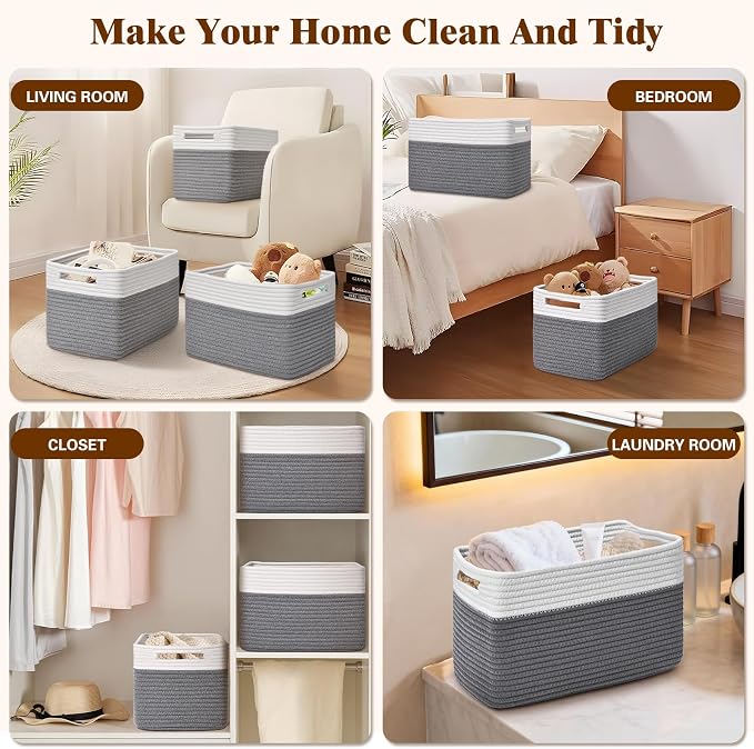 Storage Baskets for Organizing, 4 Pack Baskets for Shelves, Decorative Storage Bins for Shelves, Cotton Rope Storage Basket with Handles, Woven Basket for Storage, 13''Lx8.7''Wx7.9''H, White & Gray - Image 6