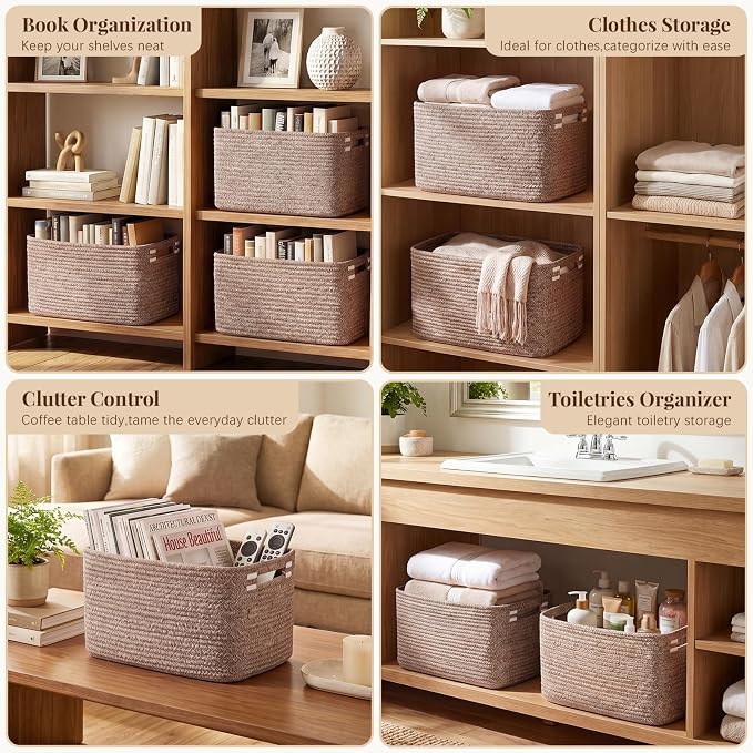 OIASKET 4Packs Natural Cotton Rope Storage Baskets for Organizing Toys, Clothes, Towels & Books, Soft Versatile Organizers for Shelves, Home Decorative Bins, 13''Lx9''Wx7.8''H, Linen Brown - Image 5