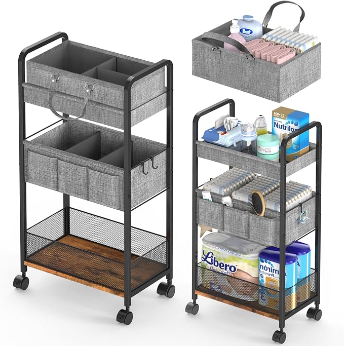LIDTOP 2In1 Baby Diaper Caddy & 3-Tier Rolling Diaper Cart, Diaper Caddy Organizer Cart with Dividers, Mobile Metal Utility Cart for Nursery Essentials, Detachable Bedside Cart, Large Capacity by LIDTOP