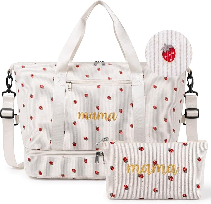 Dansydaisy Strawberry Mama Hospital Bag for Women Labor Delivery Travel Duffle Bag with Shoe Compartment Toiletry Pouch Waterproof Letter Embroidered for Pregnancy Weekender Overnight Gym Gift, Beige by Dansydaisy