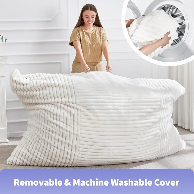 Hobestluk Adult Bean Bag Chair 3 in 1 Convertible Large Bean Bag Sofa | Striped White,Machine Washable,Removable Cover,Easy Convert And Install,Floor Bed,For Livingroom Bedroom - Image 7
