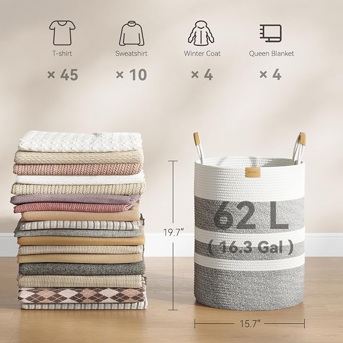 Nunsino 62L Striped Laundry Hamper with Leather Handles,Large Foldable Laundry Basket for Clothes,Cotton Rope Storage Bin for Blankets,Woven Clothes Basket for Bedroom,Gray Stripes - Image 4