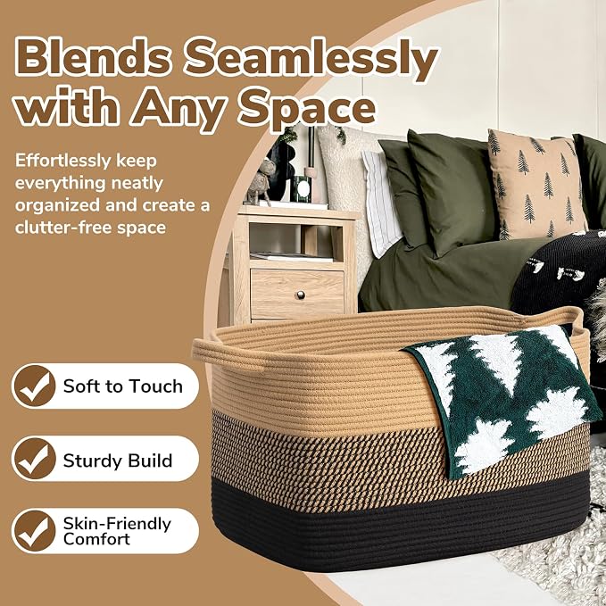 Goodpick Large Woven Blanket Basket, Rectangle, Black Jute, 75L | 21.6'' x 14.9'' x 11.8'' Wicker Storage Basket for Blankets & Toys, Living Room & Bedroom Organization, Reinforced Handles - Image 5