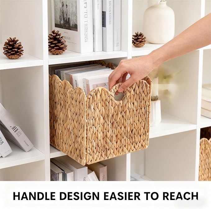 Scalloped Wicker Storage Cubes Basket, 12”x12“ Heavy Duty Paper rope/Hyacinth/Seagrass Baskets for Shelves, Foldable Natural Boho Square Bins (Water Hyacinth&10.5 x 10.5 x 10.5in&4-Pack) - Image 5