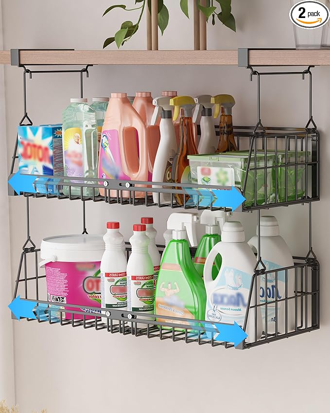 2 Pack Under Shelf Organizer Hanging Under Shelf Storage Basket, Black | Extendable heavy-duty metal under shelf basket, sturdy & durable, fits kitchen, pantry, closet, office, adjustable length by Unknown