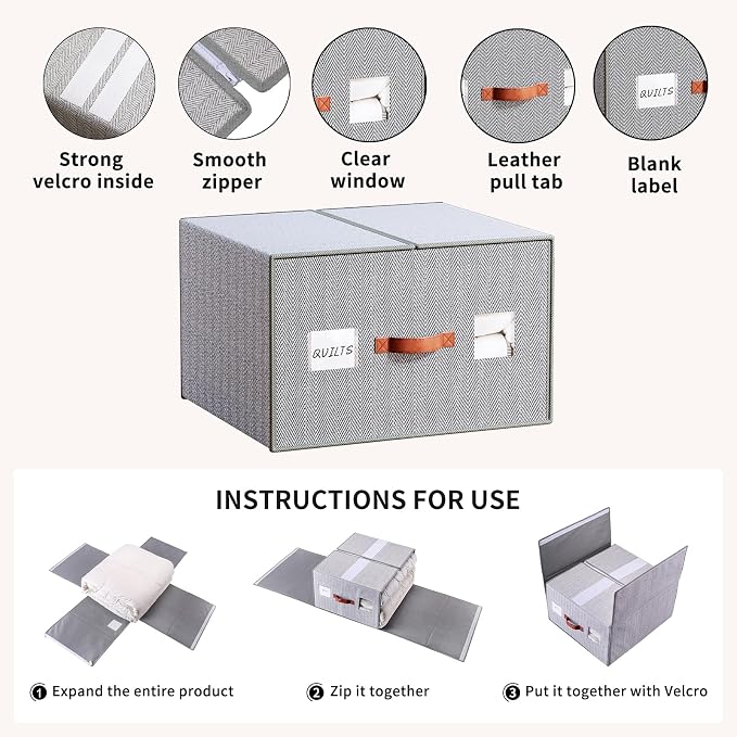 EE-RoomWorld 2 Pack Large Storage Bags for Comforters & Blankets, 70L Heavy-Duty blanket Organizers with Reinforced Walls ，Foldable 21"x18"x11" Space-Saving Design for Bedding Storage & sheet storage - Image 4