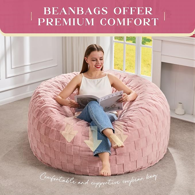 Hobestluk Adults Bean Bag Chair 4FT Big BeanBag Chair Extra Large Oversized | Memory Foam,Washable Cover,Unique Fluffy Plaid,Comfy Big Bean Bag with Filler Lounging Reading Bedroom Living Room | Pink 4FT - Image 6