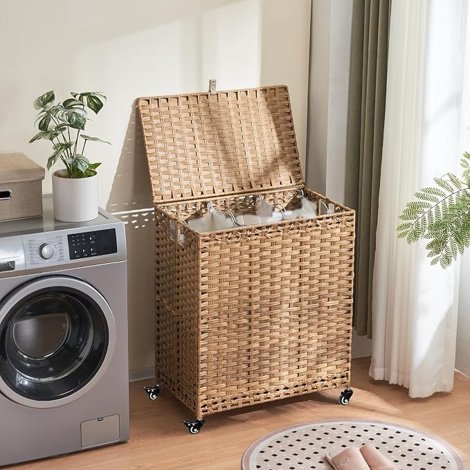 Laundry Hamper with Wheels&Lid, 50.2 Gallons(190L) Rolling Laundry Basket with Wheels, 3-Section Laundry Hamper, Handwoven Rattan Clothes Hamper with 6 Removable Liner& 3 Mesh Laundry Bags, Natural - Image 3