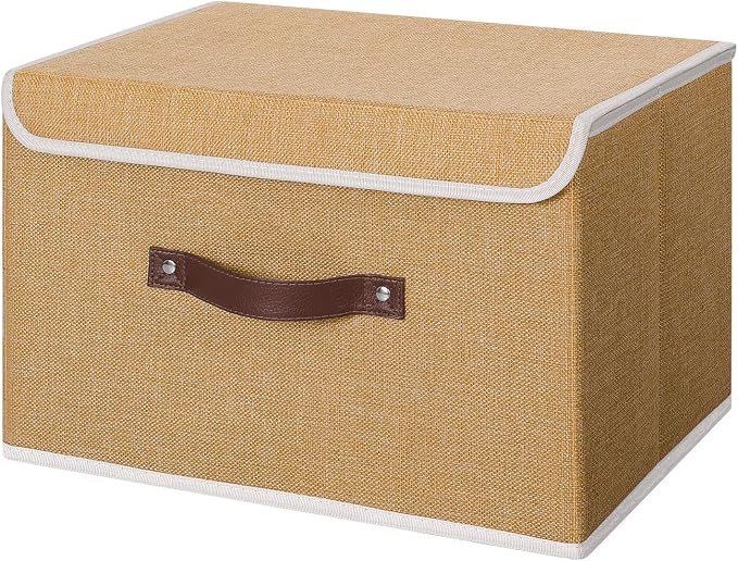ANMINY Fabric Storage Box Bins with Lids, Khaki, 15"x10"x10" | Keepsake Memory Storage, Cotton Linen, PP Board Reinforced, Washable, PU Handles, Foldable & Stackable, Decorative, Large by ANMINY